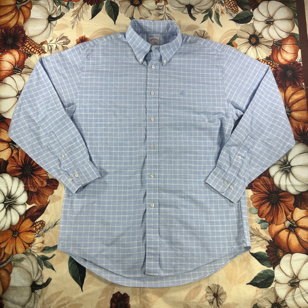 Brooks Brothers Mens Madison Plaid Supima Cotton Button Down Shirt Blue Medium